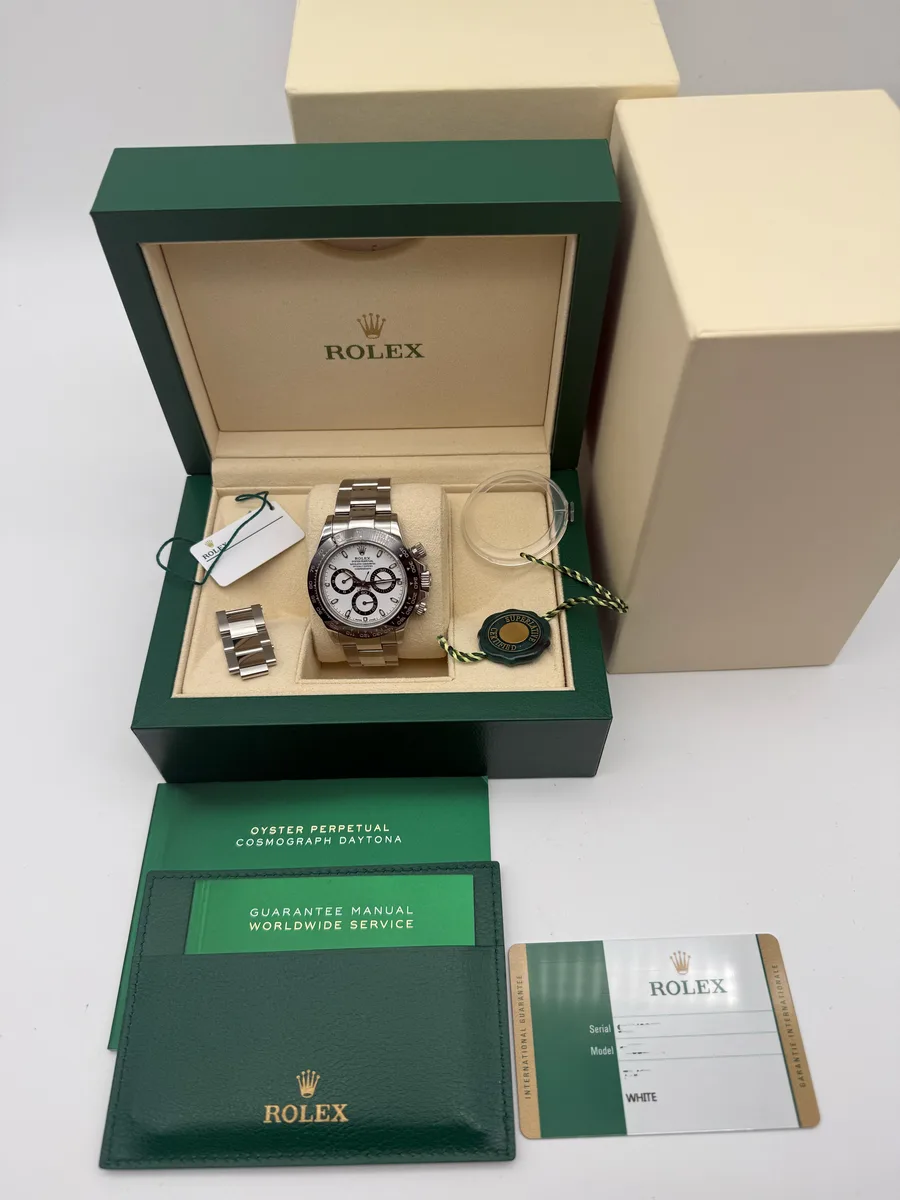 Rolex Daytona 116500LN with a white dial, shown with the bracelet laid flat.